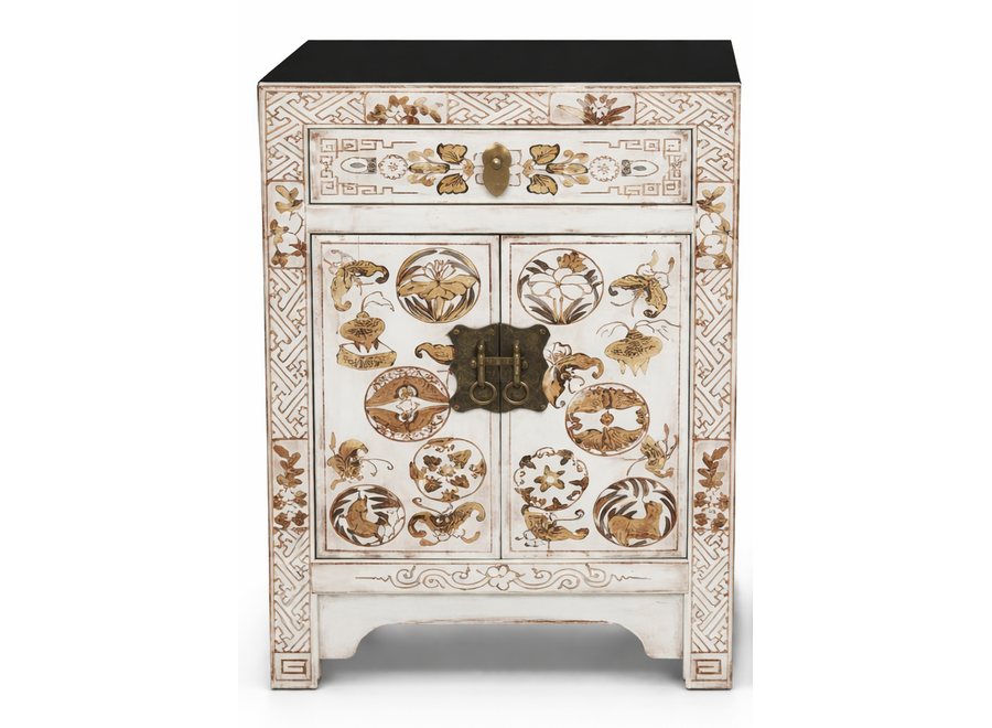 Comodino Cinese Bianco Fiori Dipinti a Mano L40xP32xA60cm