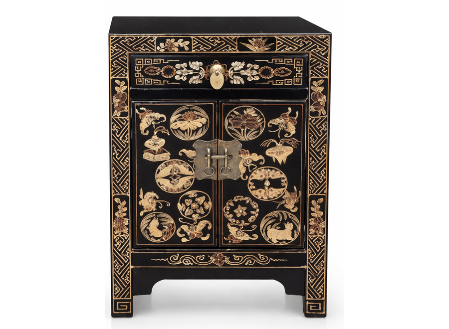 Table de Chevet Chinoise Noire Fleurs Peinte à la Main L40xP32xH60cm