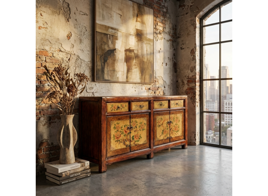 Buffet Chinois Ancien Pivoines Peintes à la Main L159xP42xH82cm