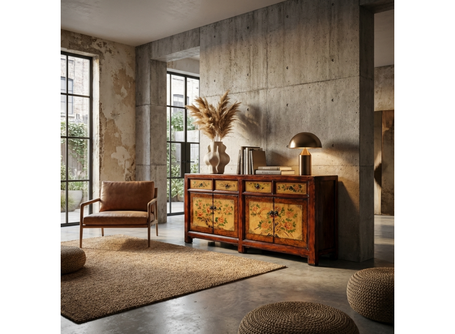 Credenza Cinese Antica Dipinta a Mano con Peonie L159xP42xA82cm