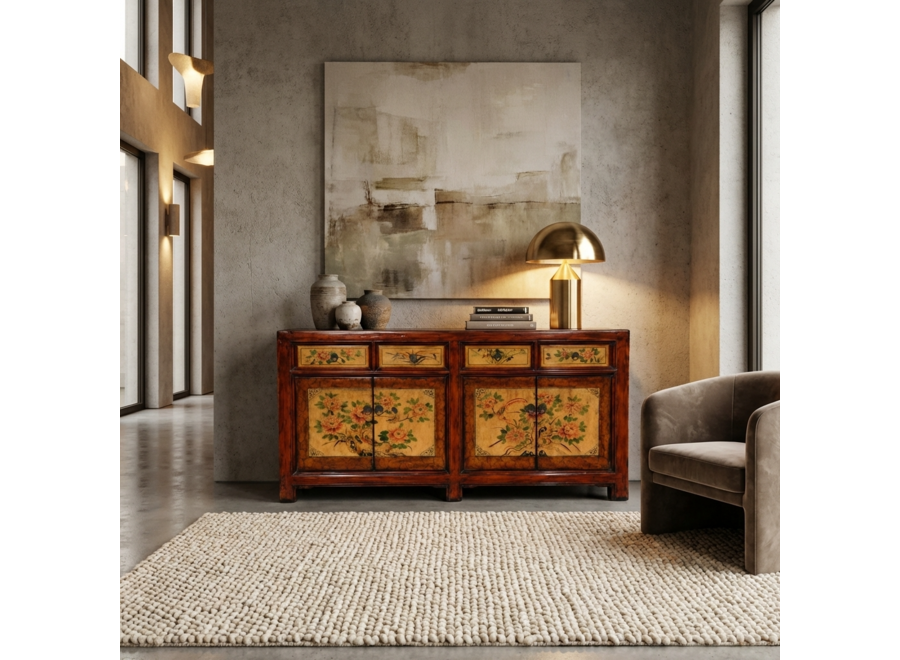 Antikes Chinesisches Sideboard Pfingstrosen Handbemalt B159xT42xH82cm