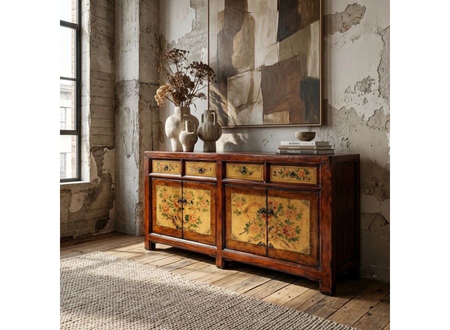Antikes Chinesisches Sideboard Pfingstrosen Handbemalt B159xT42xH82cm
