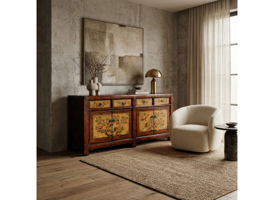 Credenza Cinese Antica Dipinta a Mano con Peonie L159xP42xA82cm