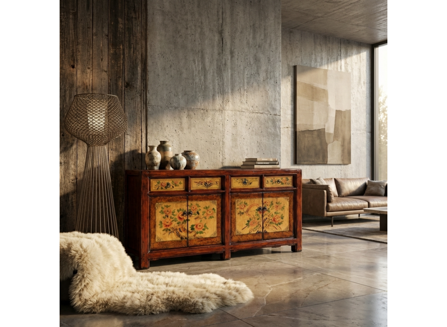 Credenza Cinese Antica Dipinta a Mano con Peonie L159xP42xA82cm