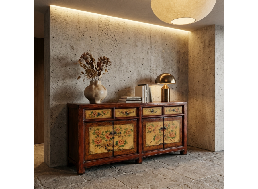 Credenza Cinese Antica Dipinta a Mano con Peonie L159xP42xA82cm