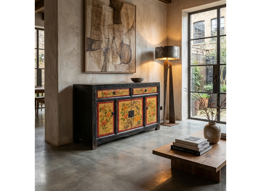 Buffet Chinois Ancien Pivoines Peintes à la Main L110xP42xH85cm