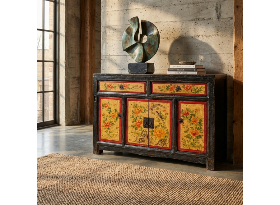 Antique Chinese Sideboard Handpainted Peonies W110xD42xH85cm