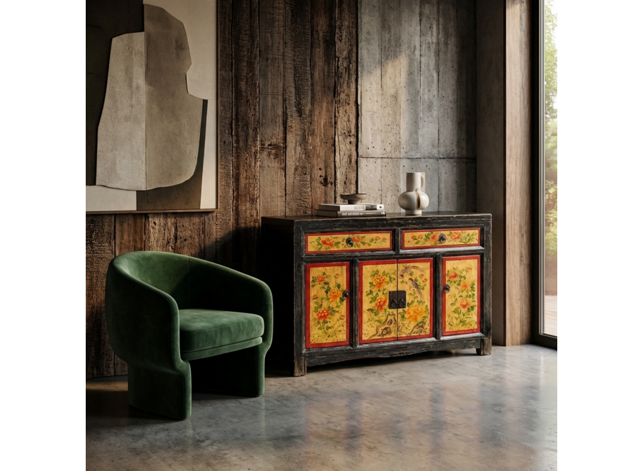 Credenza Cinese Antica Dipinta a Mano con Peonie L110xP42xA85cm