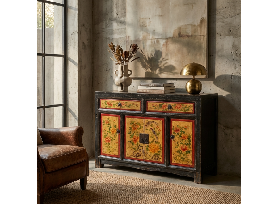 Antikes Chinesisches Sideboard Pfingstrosen Handbemalt B110xT42xH85cm