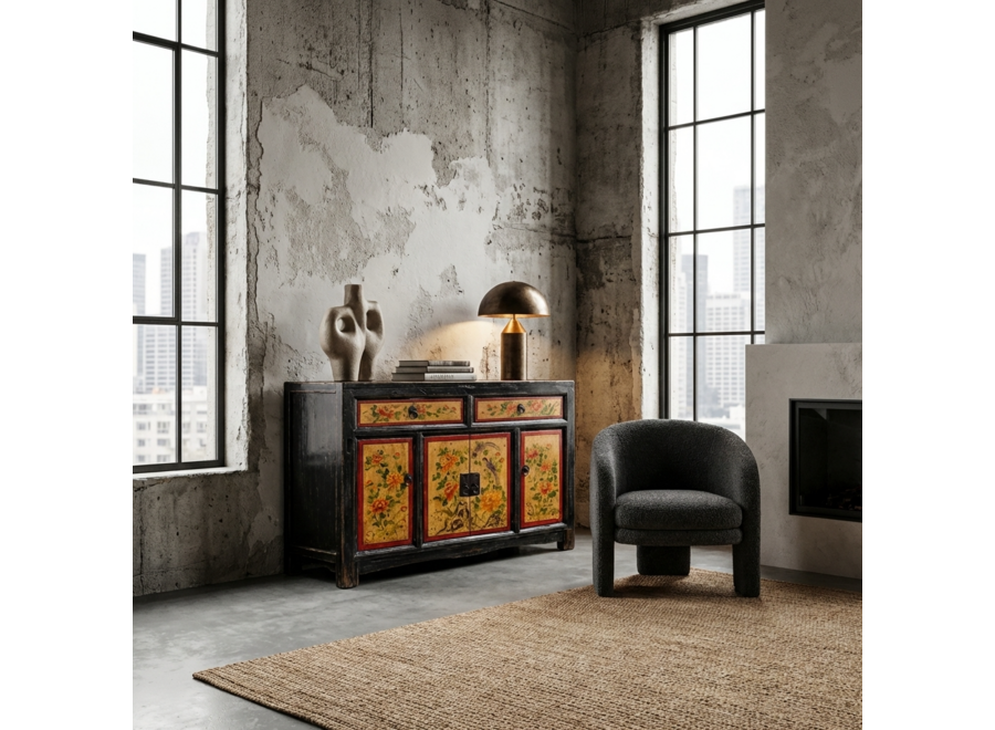 Antikes Chinesisches Sideboard Pfingstrosen Handbemalt B110xT42xH85cm