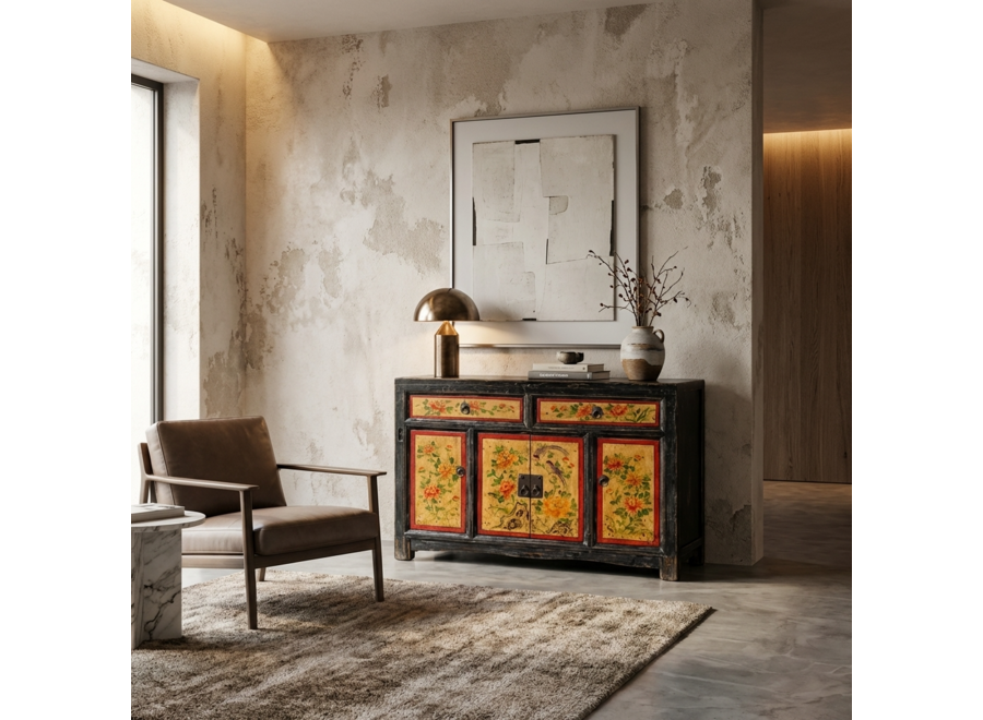 Credenza Cinese Antica Dipinta a Mano con Peonie L110xP42xA85cm