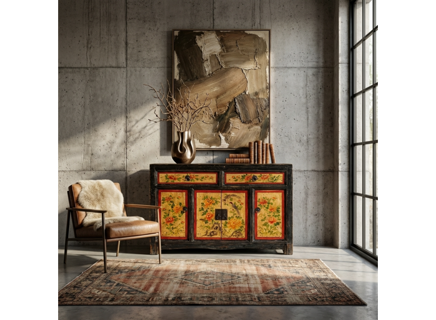 Credenza Cinese Antica Dipinta a Mano con Peonie L110xP42xA85cm