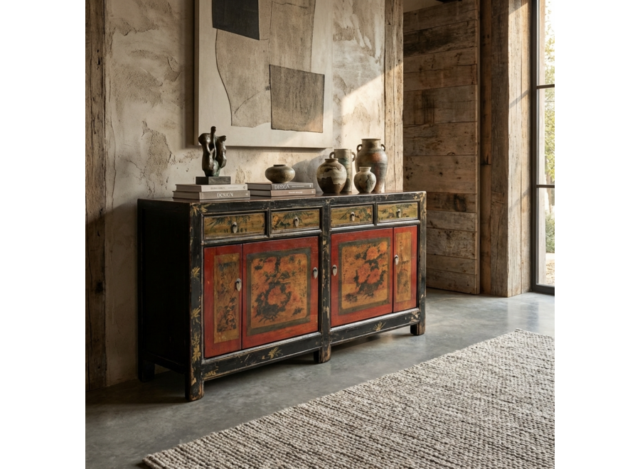 Antique Chinese Sideboard Red Handpainted Flowers W164xD40xH81cm
