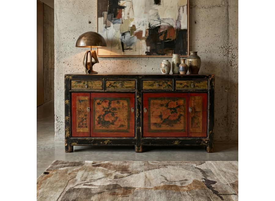Antique Chinese Sideboard Red Handpainted Flowers W164xD40xH81cm