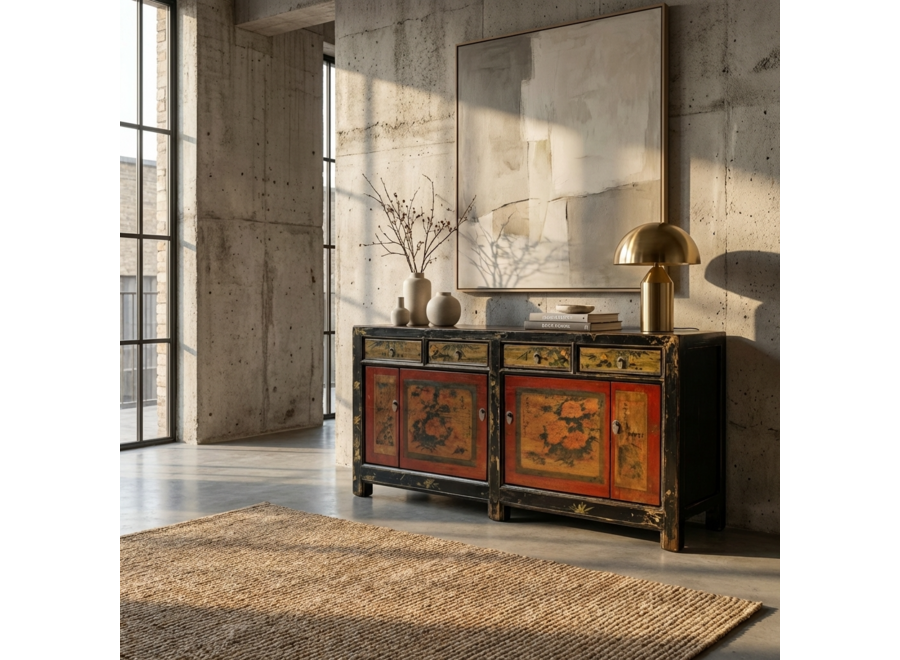 Antikes Chinesisches Sideboard Rot Handbemalt Blumen B164xT40xH81cm