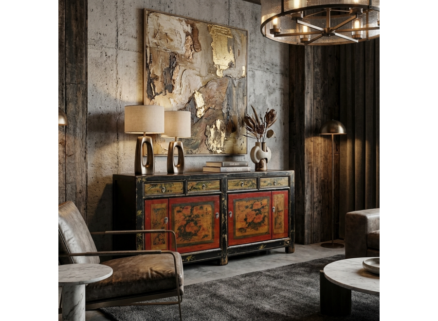 Buffet Chinois Ancien Rouge Fleurs Peintes à la Main L164xP40xH81cm