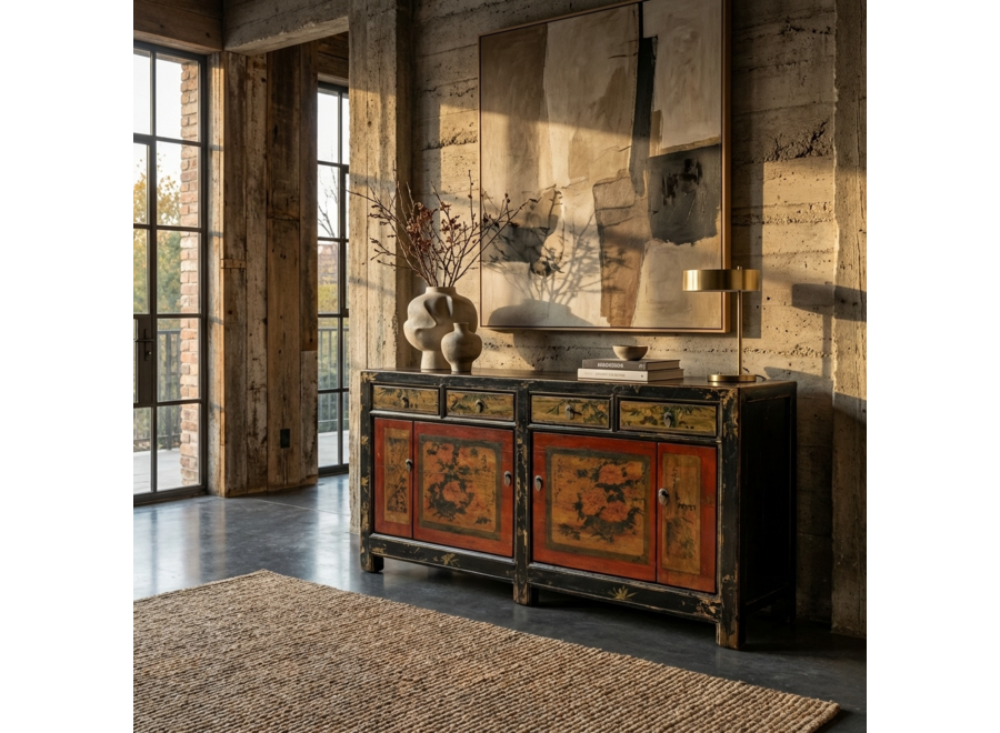 Credenza Cinese Antica Rossa Fiori Dipinta a Mano L164xP40xA81cm