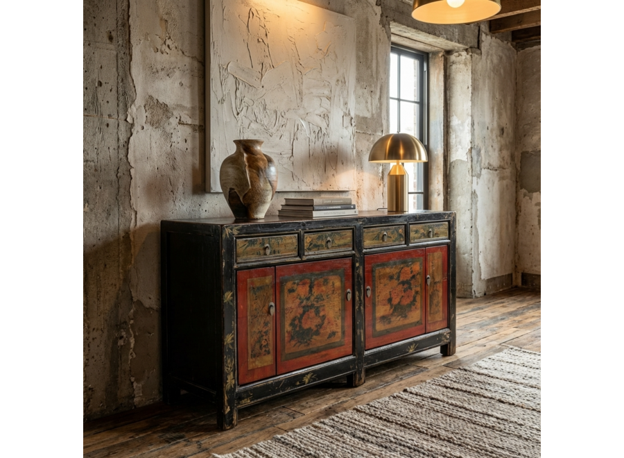 Buffet Chinois Ancien Rouge Fleurs Peintes à la Main L164xP40xH81cm