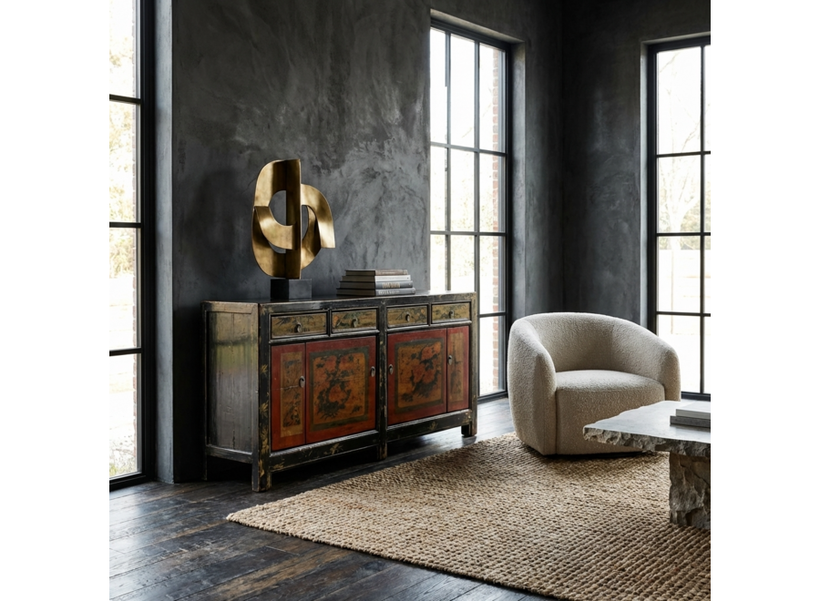 Antikes Chinesisches Sideboard Rot Handbemalt Blumen B164xT40xH81cm