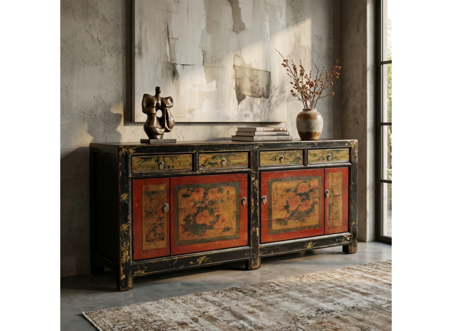 Buffet Chinois Ancien Rouge Fleurs Peintes à la Main L164xP40xH81cm