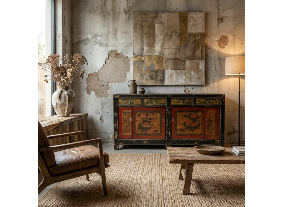 Credenza Cinese Antica Rossa Fiori Dipinta a Mano L164xP40xA81cm