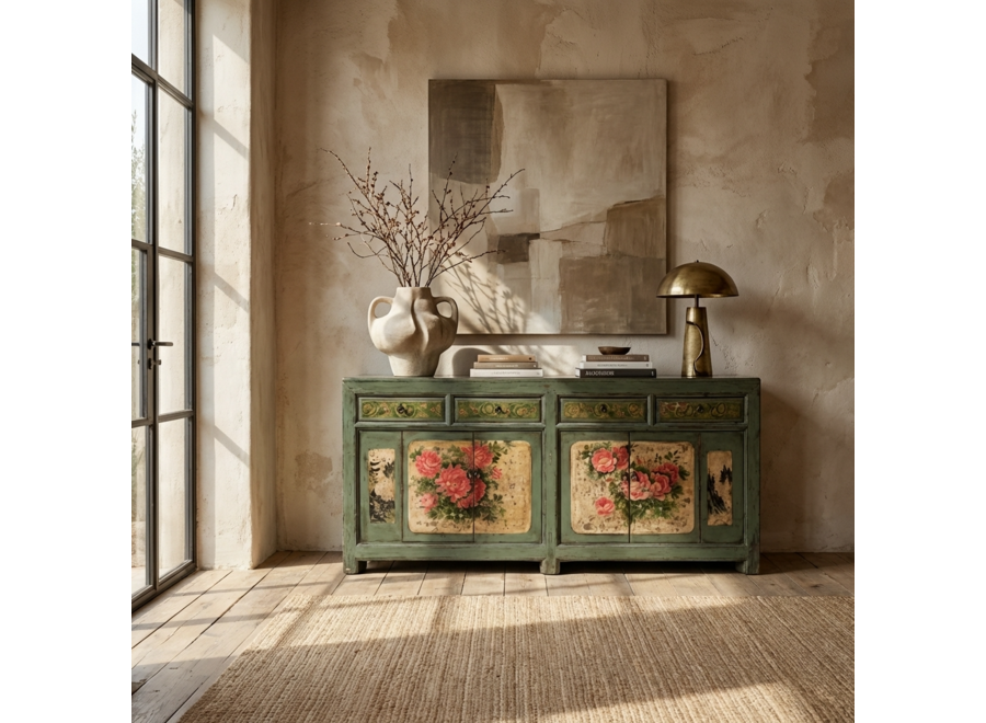 Buffet Chinois Ancien Menthe Pivoines Peintes à la Main L203xP43xH84cm