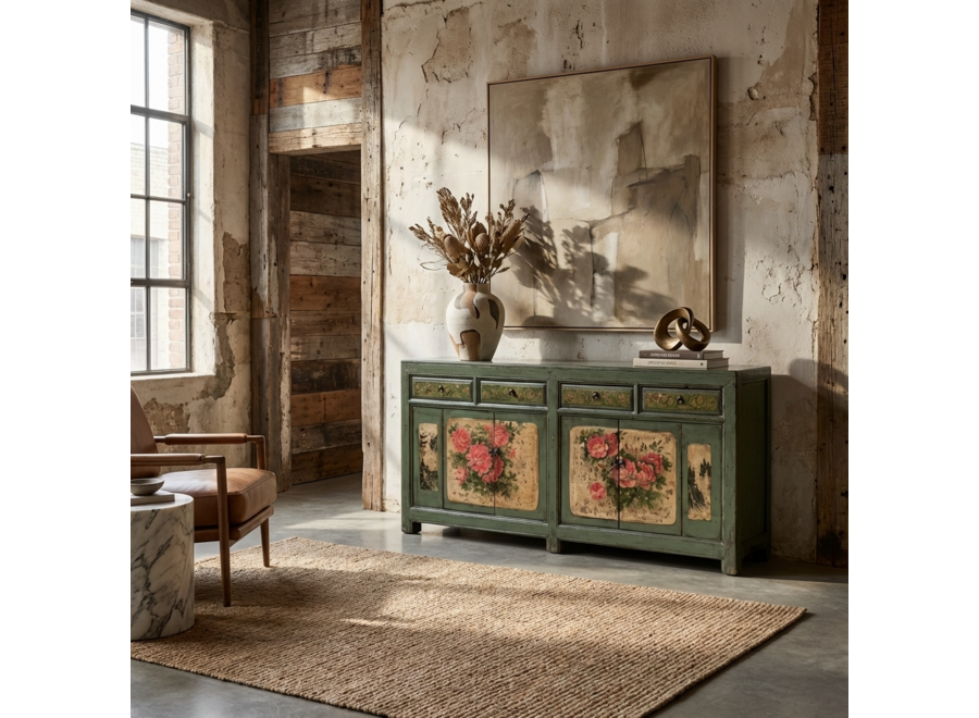 Credenza Cinese Antica Menta Dipinta a Mano con Peonie L203xP43xA84cm