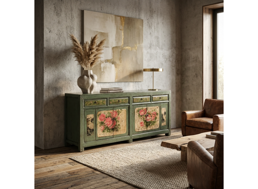 Buffet Chinois Ancien Menthe Pivoines Peintes à la Main L203xP43xH84cm
