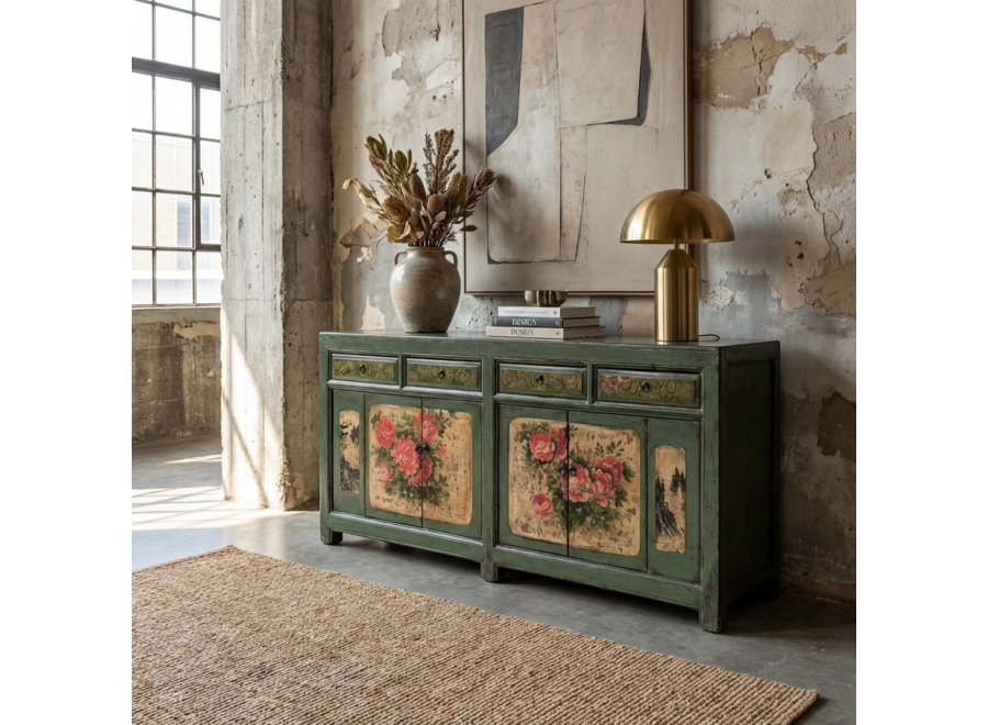 Buffet Chinois Ancien Menthe Pivoines Peintes à la Main L203xP43xH84cm