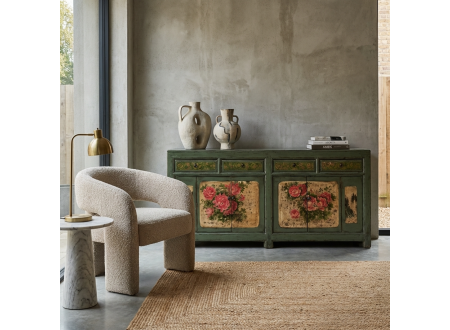 Credenza Cinese Antica Menta Dipinta a Mano con Peonie L203xP43xA84cm