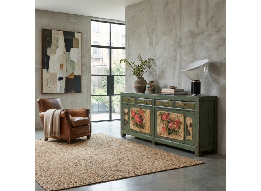 Credenza Cinese Antica Menta Dipinta a Mano con Peonie L203xP43xA84cm
