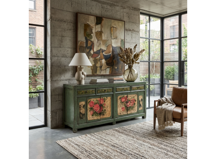 Antikes Chinesisches Sideboard Mint Pfingstrosen Handbemalt B203xT43xH84cm