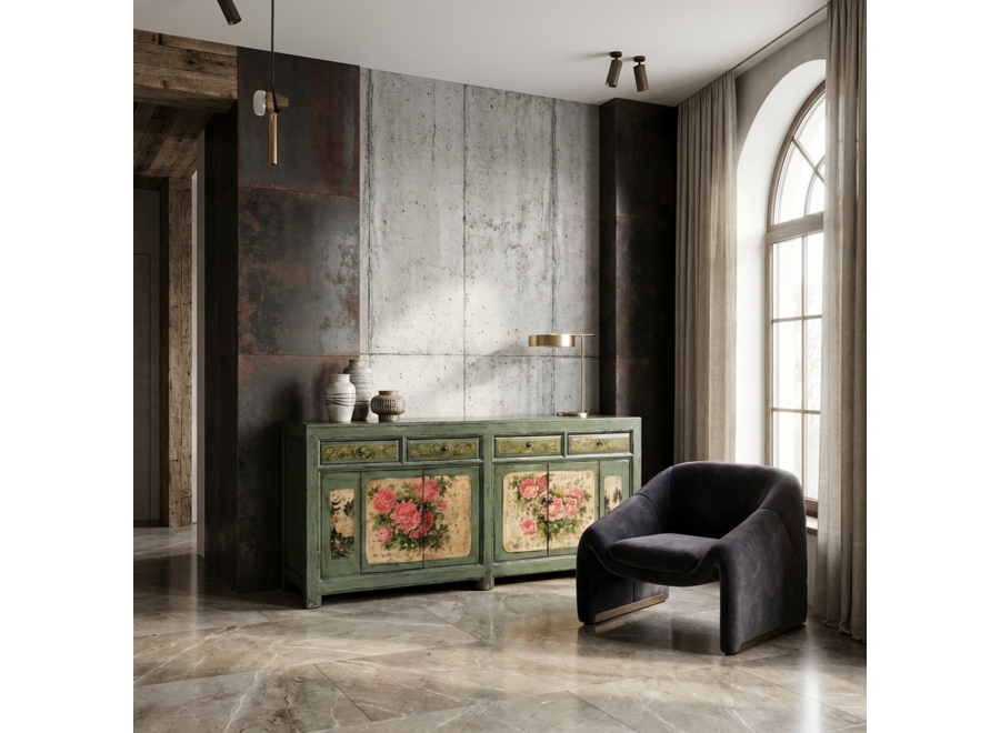 Credenza Cinese Antica Menta Dipinta a Mano con Peonie L203xP43xA84cm