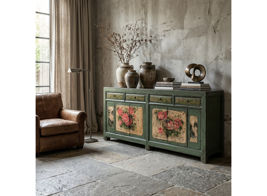 Antique Chinese Sideboard Mint Handpainted Peonies W203xD43xH84cm