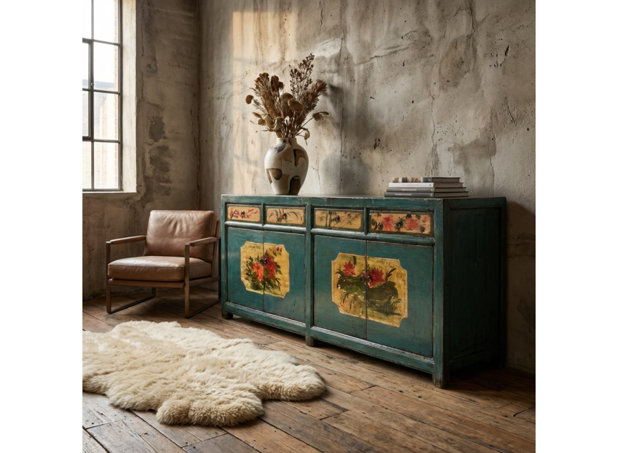 Antique Chinese Sideboard Teal Handpainted Peonies W185xD40xH85cm