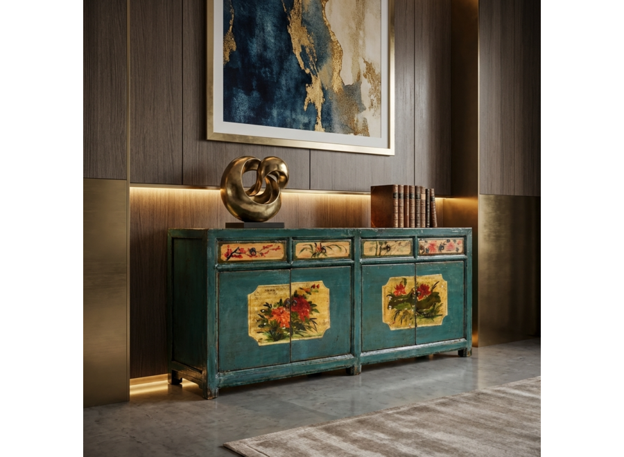 Antikes Chinesisches Sideboard Blaugrün Pfingstrosen Handbemalt B185xT40xH85cm