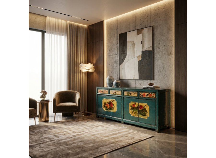 Antikes Chinesisches Sideboard Blaugrün Pfingstrosen Handbemalt B185xT40xH85cm