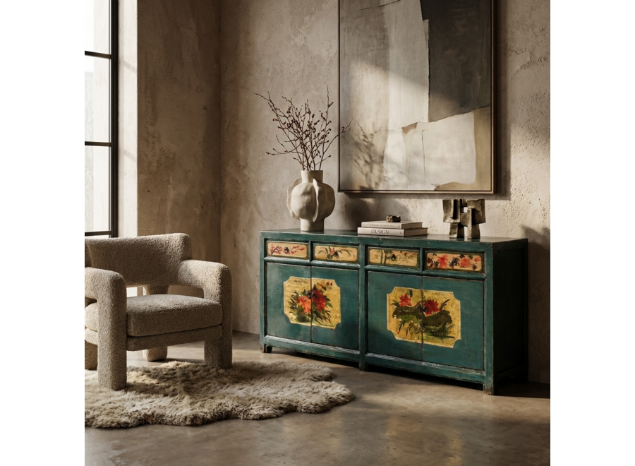 Credenza Cinese Antica Verde Acqua Dipinta a Mano con Peonie L185xP40xA85cm