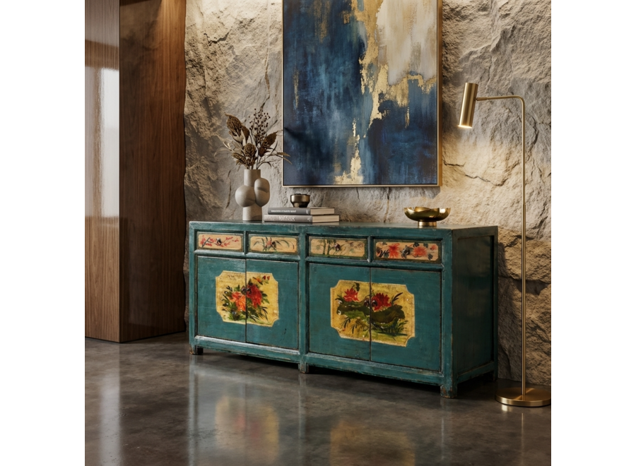 Antique Chinese Sideboard Teal Handpainted Peonies W185xD40xH85cm