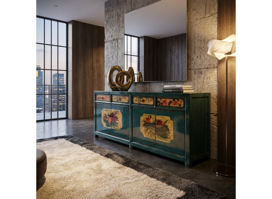 Credenza Cinese Antica Verde Acqua Dipinta a Mano con Peonie L185xP40xA85cm