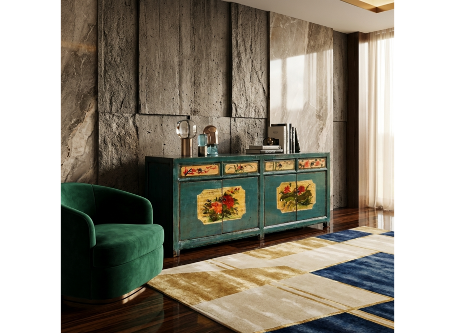 Antikes Chinesisches Sideboard Blaugrün Pfingstrosen Handbemalt B185xT40xH85cm