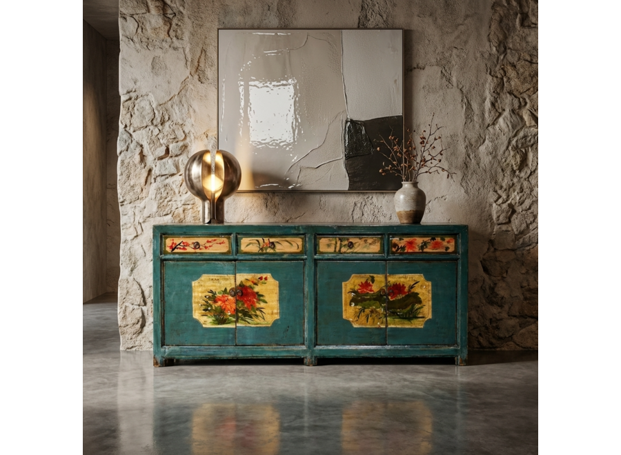 Antique Chinese Sideboard Teal Handpainted Peonies W185xD40xH85cm