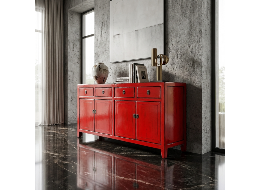 Buffet Chinois Ancien Rouge Haute Brillance L152xP40xH88cm