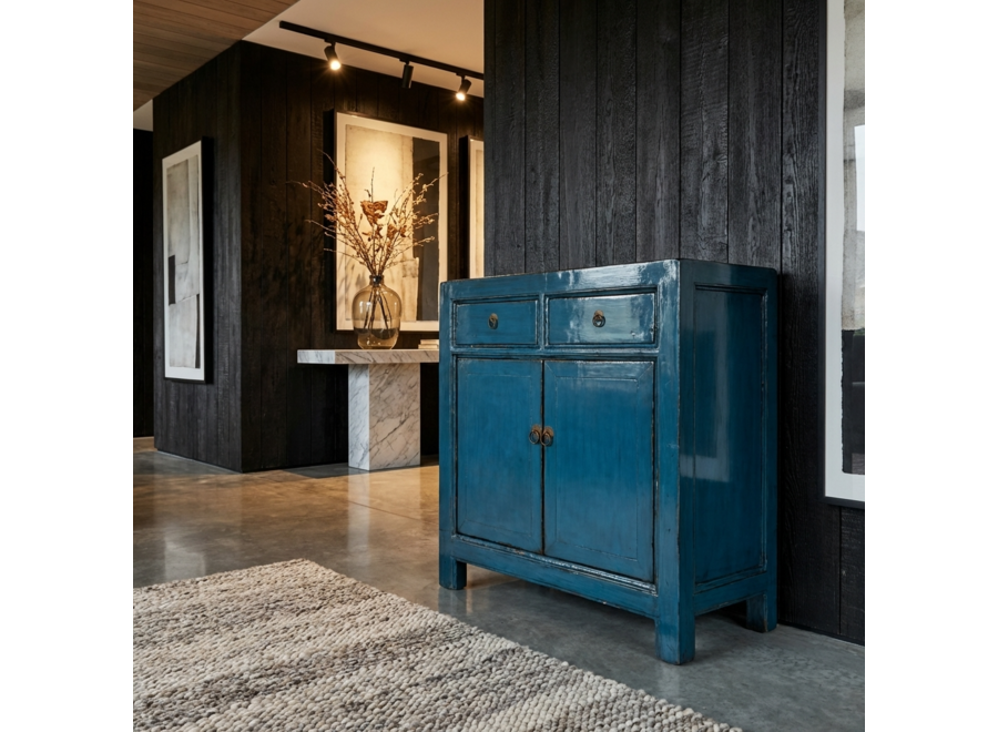 Antiker Chinesischer Schrank Tiefblau Hochglanz B83xT39xH90cm