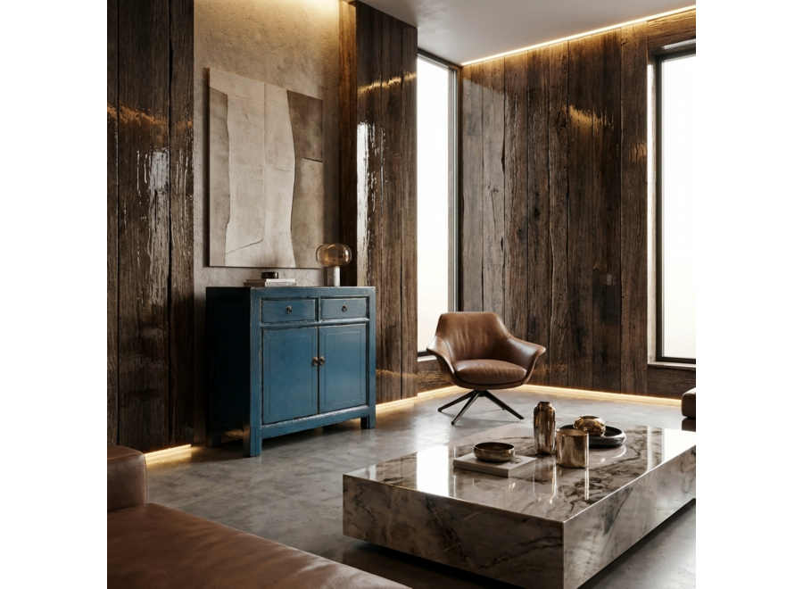 Antiker Chinesischer Schrank Tiefblau Hochglanz B83xT39xH90cm