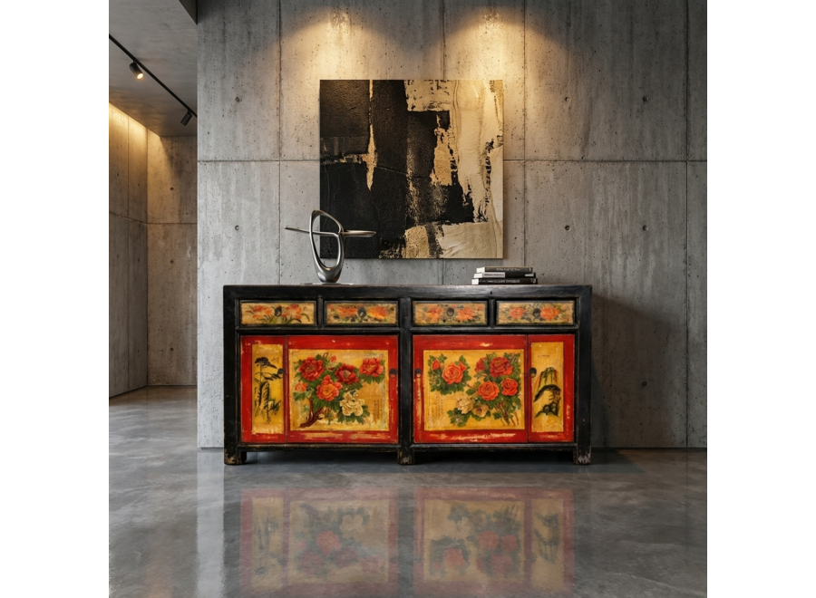 Antikes Chinesisches Sideboard Schwarz Rot Pfingstrosen Handbemalt B167xT40xH87cm