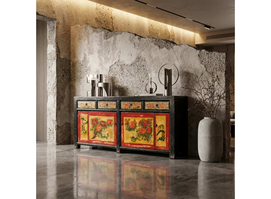 Credenza Cinese Antica Nera Rossa Dipinta a Mano con Peonie L167xP40xA87cm