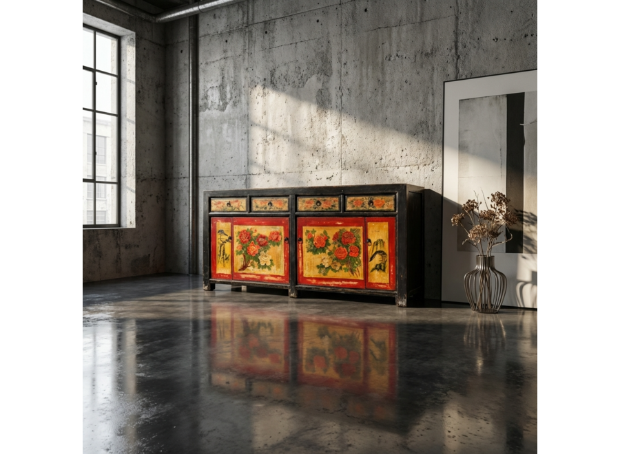 Antikes Chinesisches Sideboard Schwarz Rot Pfingstrosen Handbemalt B167xT40xH87cm