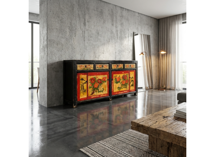 Buffet Chinois Ancien Noir Rouge Pivoines Peintes à la Main L167xP40xH87cm