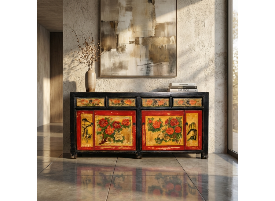 Antique Chinese Sideboard Red Black Handpainted Peonies W167xD40xH87cm